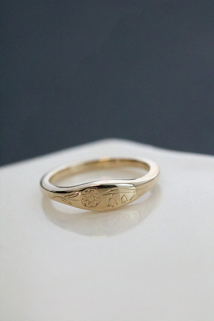 Engraved Flower Ring Yellow Gold