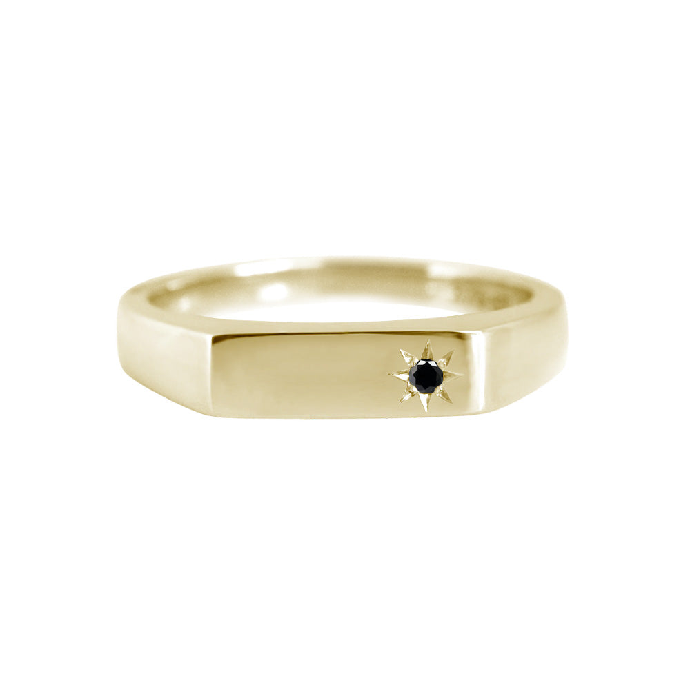 Rectangle Signet Ring with Star Set Black Diamond Yellow Gold
