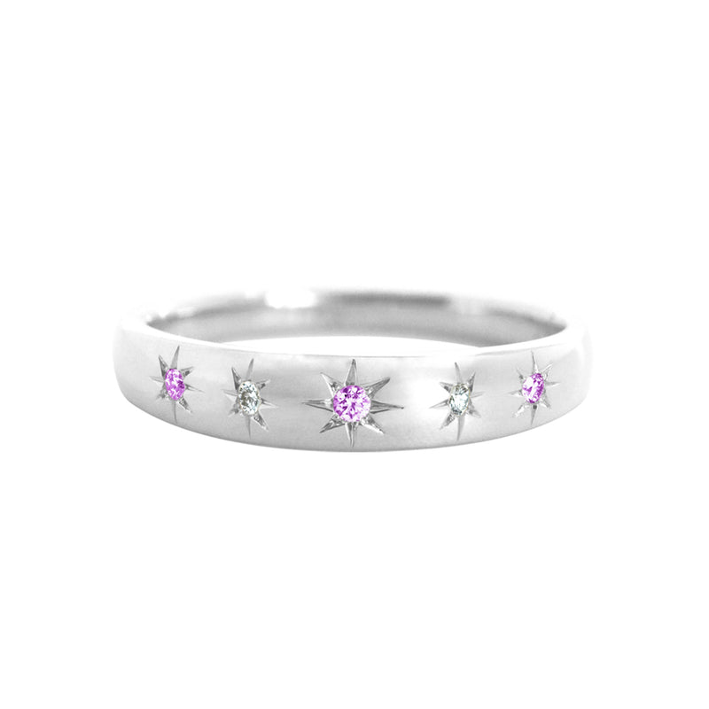 Star Set Diamond & Pink Sapphire Band White Gold