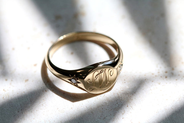 Petite Initial Signet Ring with Star Set Diamonds Yellow Gold