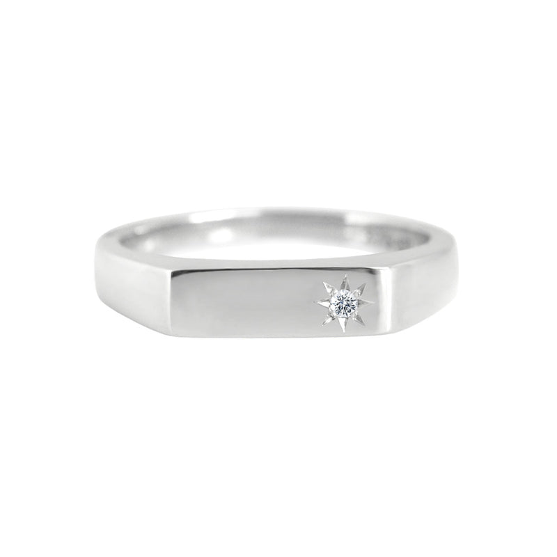 Rectangle Signet Ring with Star Set Diamond White Gold