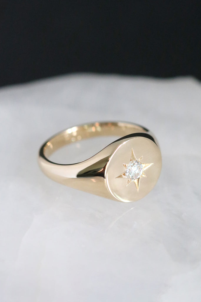 Star Set Diamond Signet Ring Yellow Gold