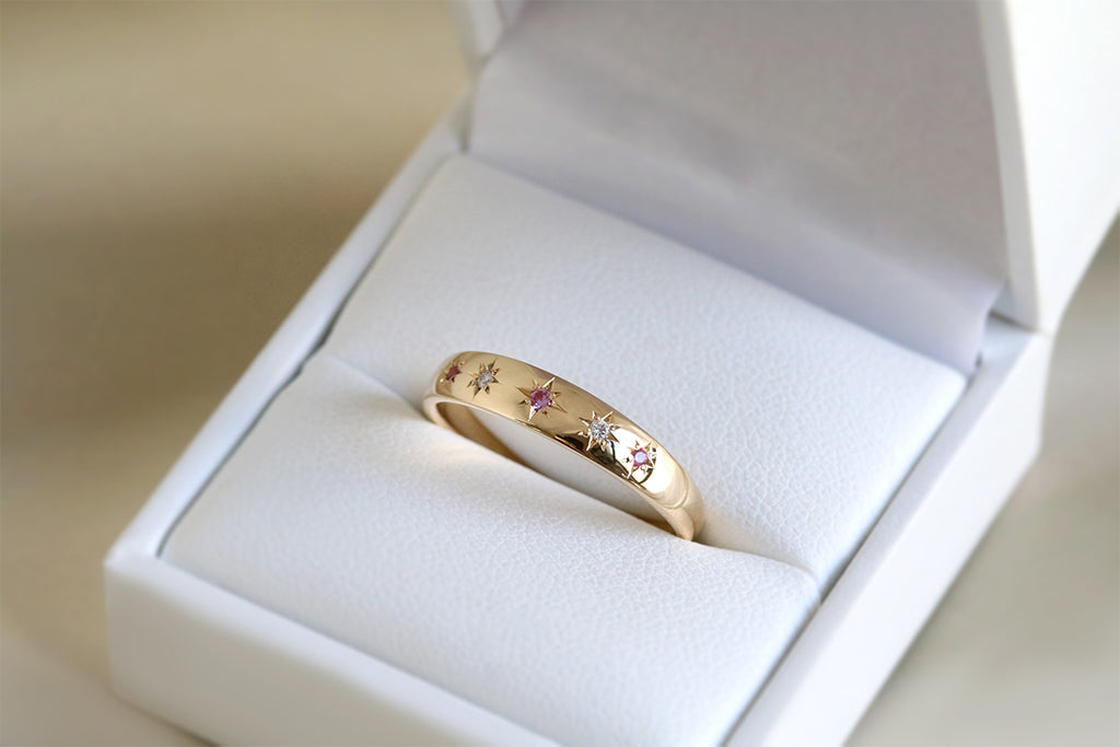 Star Set Diamond & Pink Sapphire Band Yellow Gold