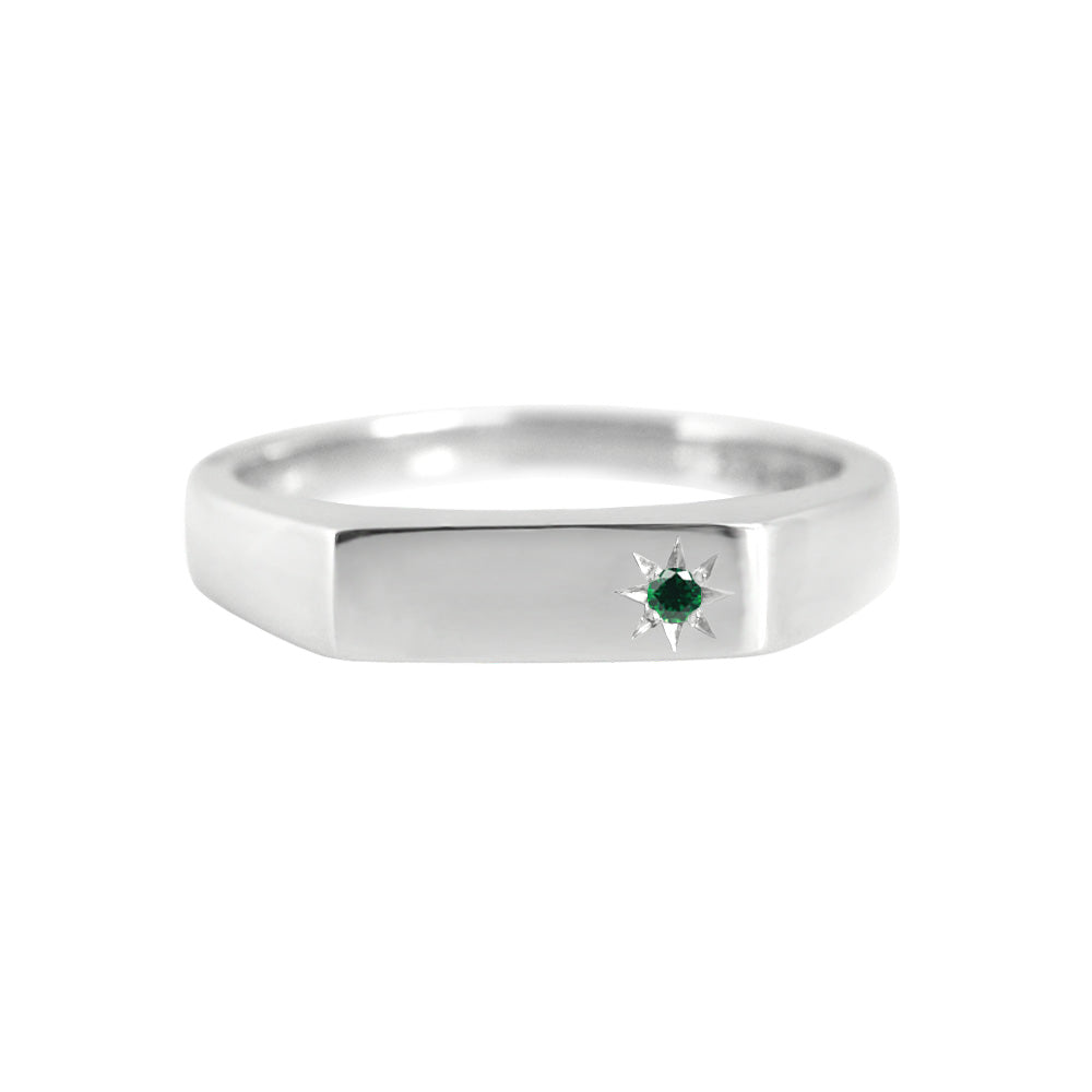 Rectangle Signet Ring with Star Set Emerald White Gold