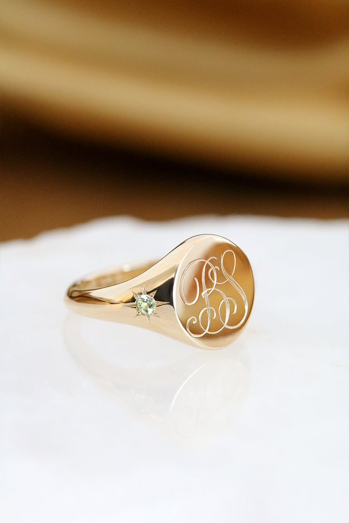 Star Set Peridot Monogram Oval Signet Ring Yellow Gold