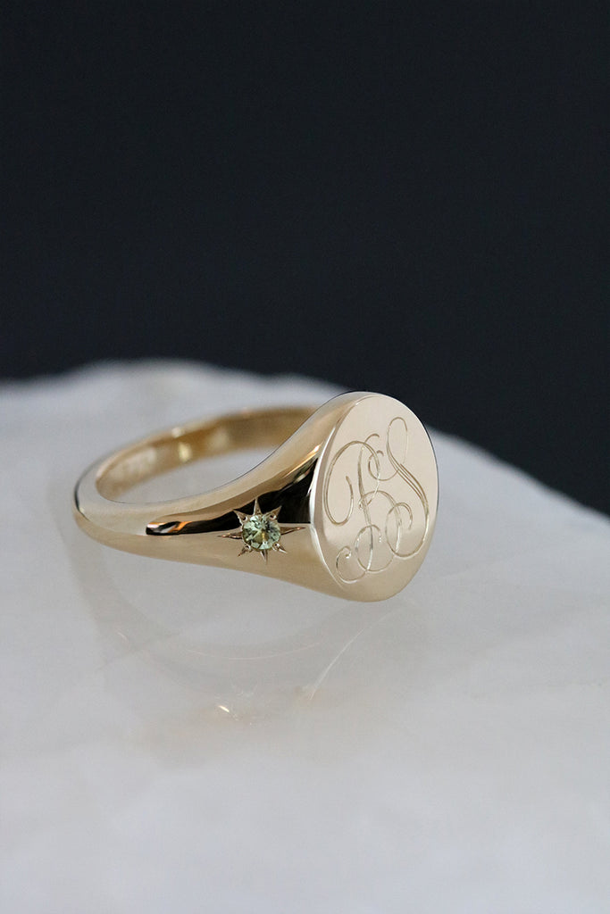 Star Set Peridot Monogram Oval Signet Ring Yellow Gold