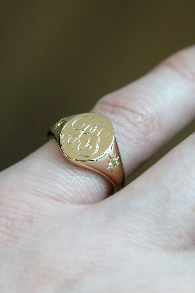 Star Set Peridot Monogram Oval Signet Ring Yellow Gold