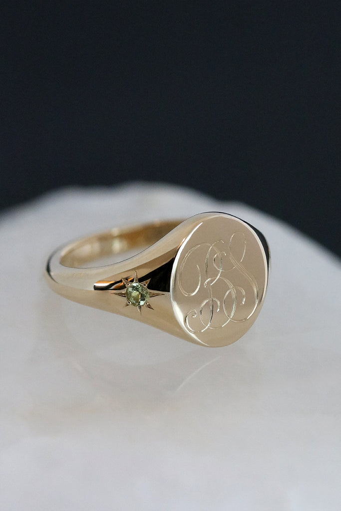 Star Set Peridot Monogram Oval Signet Ring Yellow Gold