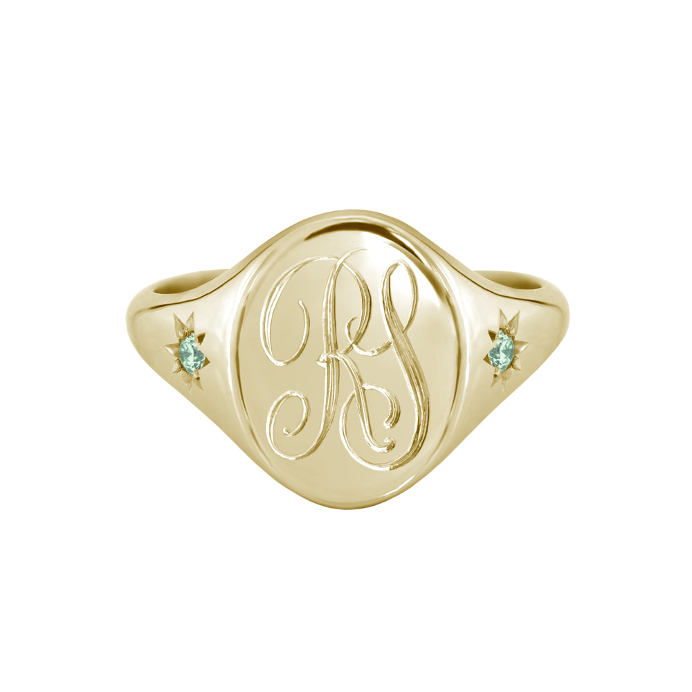 Star Set Peridot Monogram Oval Signet Ring Yellow Gold