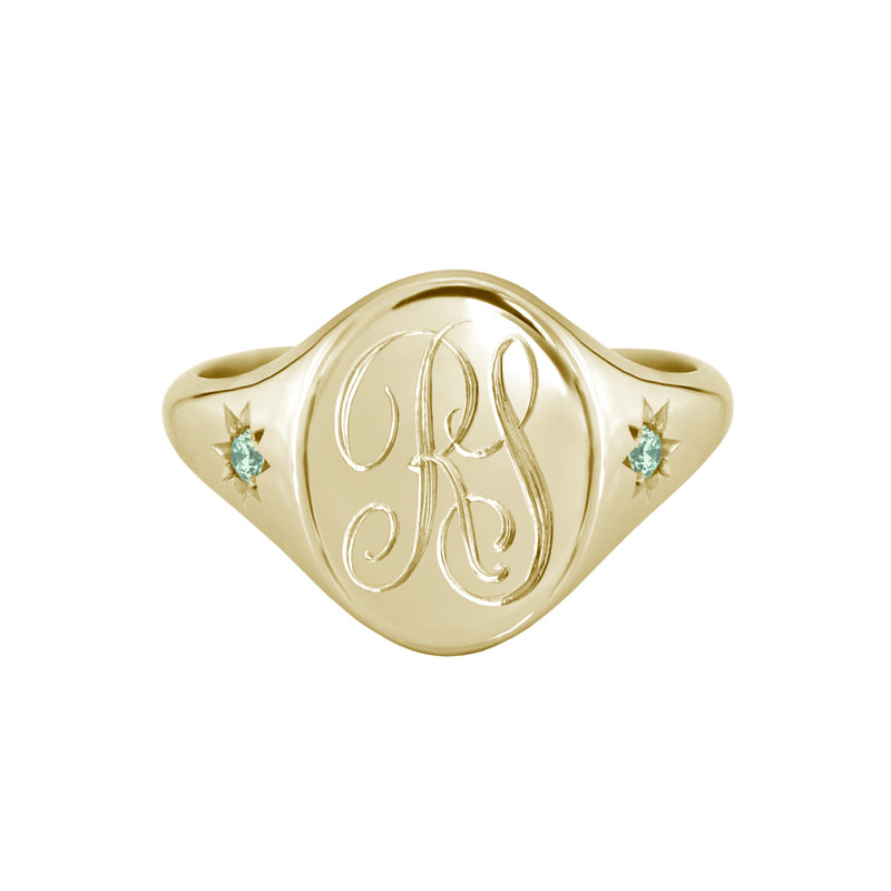 Star Set Peridot Monogram Oval Signet Ring Yellow Gold