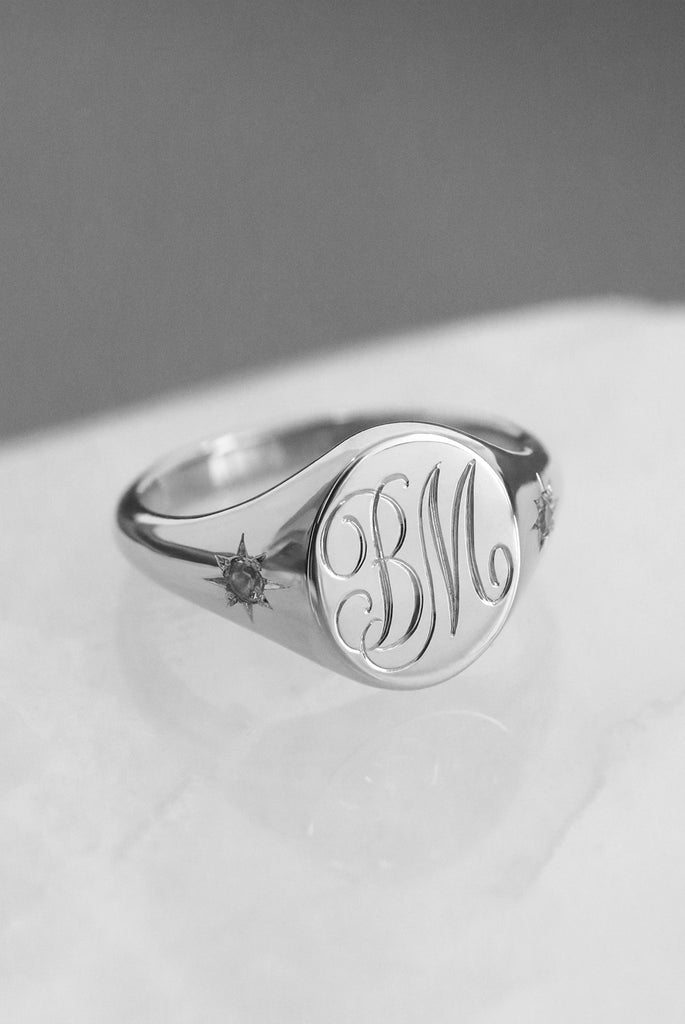 Star Set Pink Sapphires Monogram Oval Signet Ring White Gold