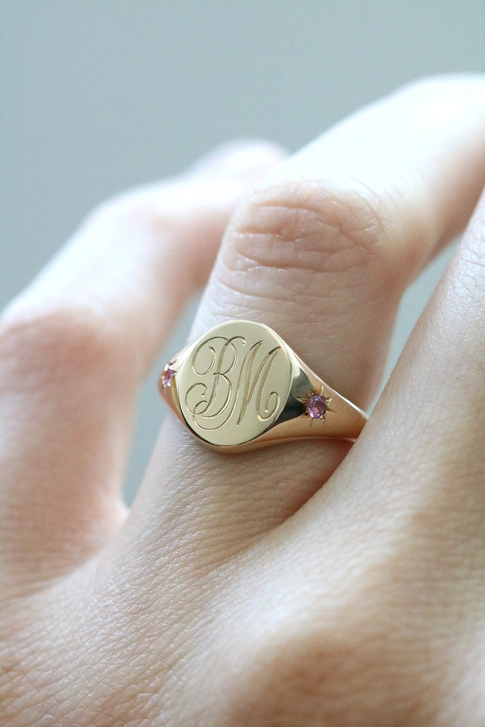 Star Set Pink Sapphires Monogram Oval Signet Ring Yellow Gold