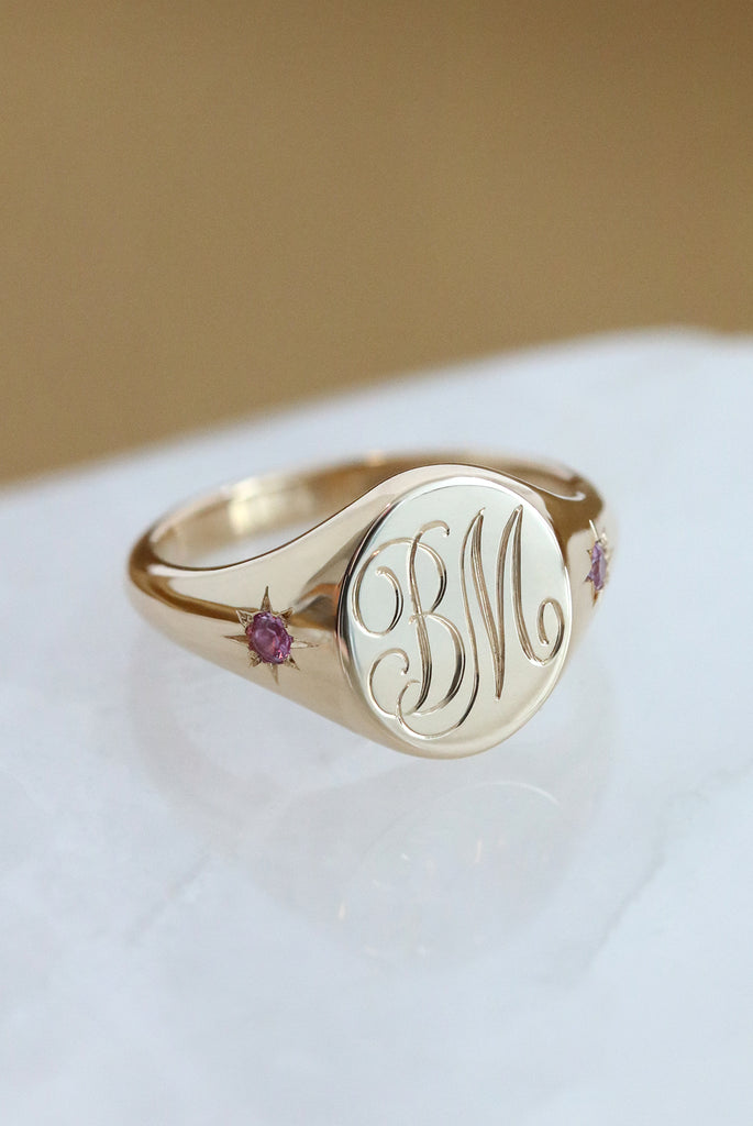 Star Set Pink Sapphires Monogram Oval Signet Ring Yellow Gold