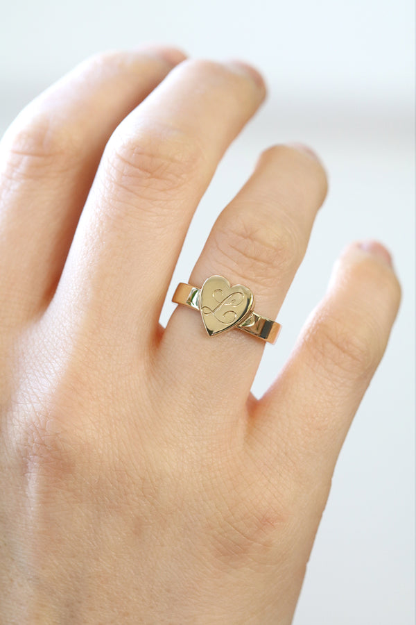 Bold Heart Ring With Engraved Initial Yellow Gold