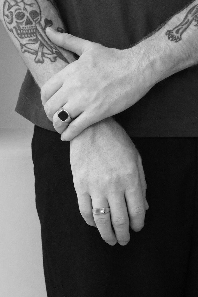 Wide Rectangle Signet Ring with Emerald Cut Diamond White Gold