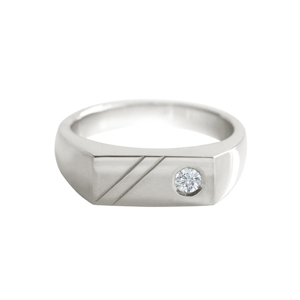 Wide Rectangle Signet Ring with Offset Diamond White Gold