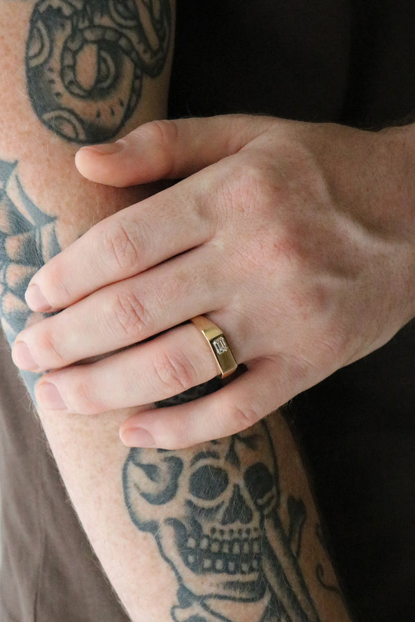 Wide Rectangle Signet Ring with Emerald Cut Diamond Yellow Gold