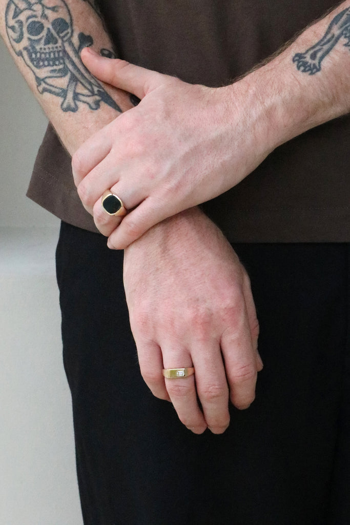 Wide Rectangle Signet Ring with Emerald Cut Diamond Yellow Gold