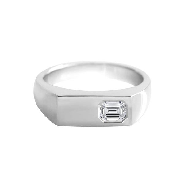 Wide Rectangle Signet Ring with Emerald Cut Diamond White Gold