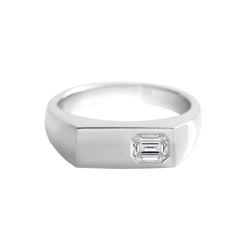 Wide Rectangle Signet Ring with Emerald Cut Diamond White Gold