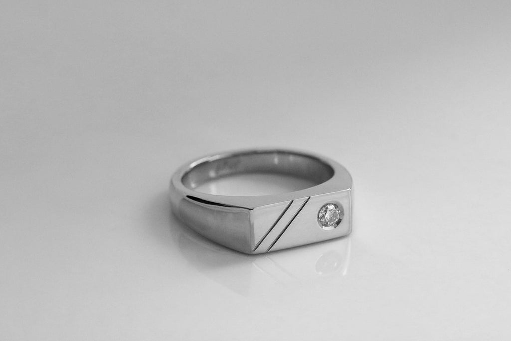 Wide Rectangle Signet Ring with Offset Diamond White Gold