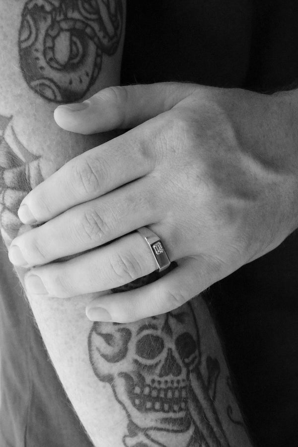 Wide Rectangle Signet Ring with Emerald Cut Diamond Rose Gold