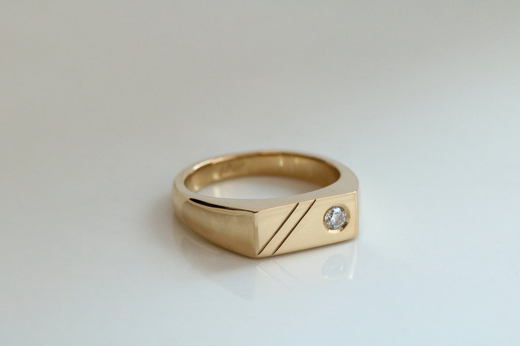 Wide Rectangle Signet Ring with Offset Diamond Yellow Gold