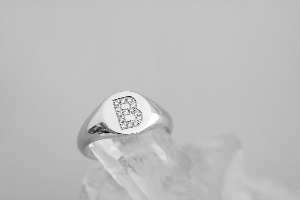 diamond letter signet ring