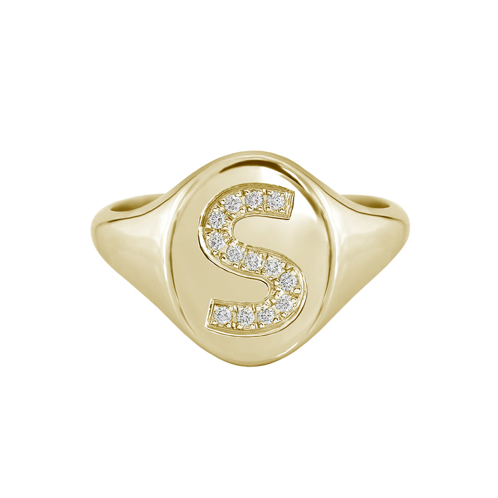 yellow gold diamond initial signet ring