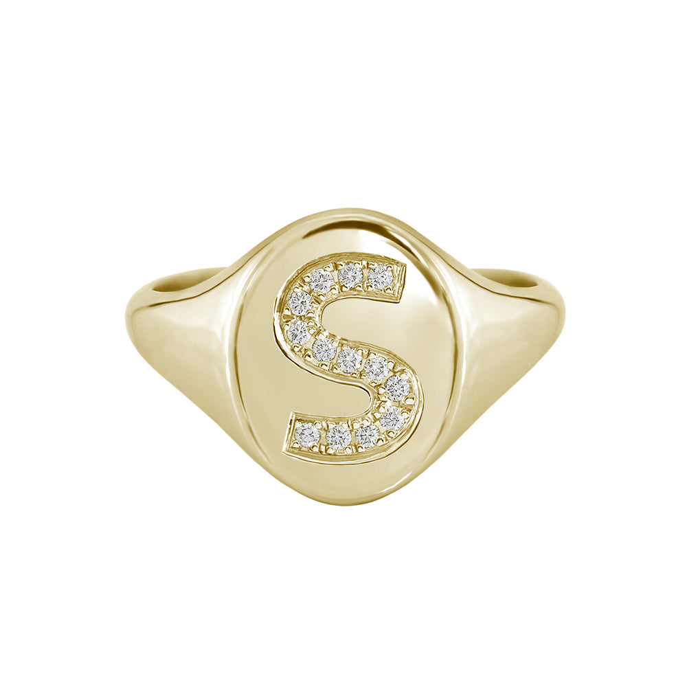 Diamond Initial Signet Ring Yellow Gold Scarlett Jewellery Label