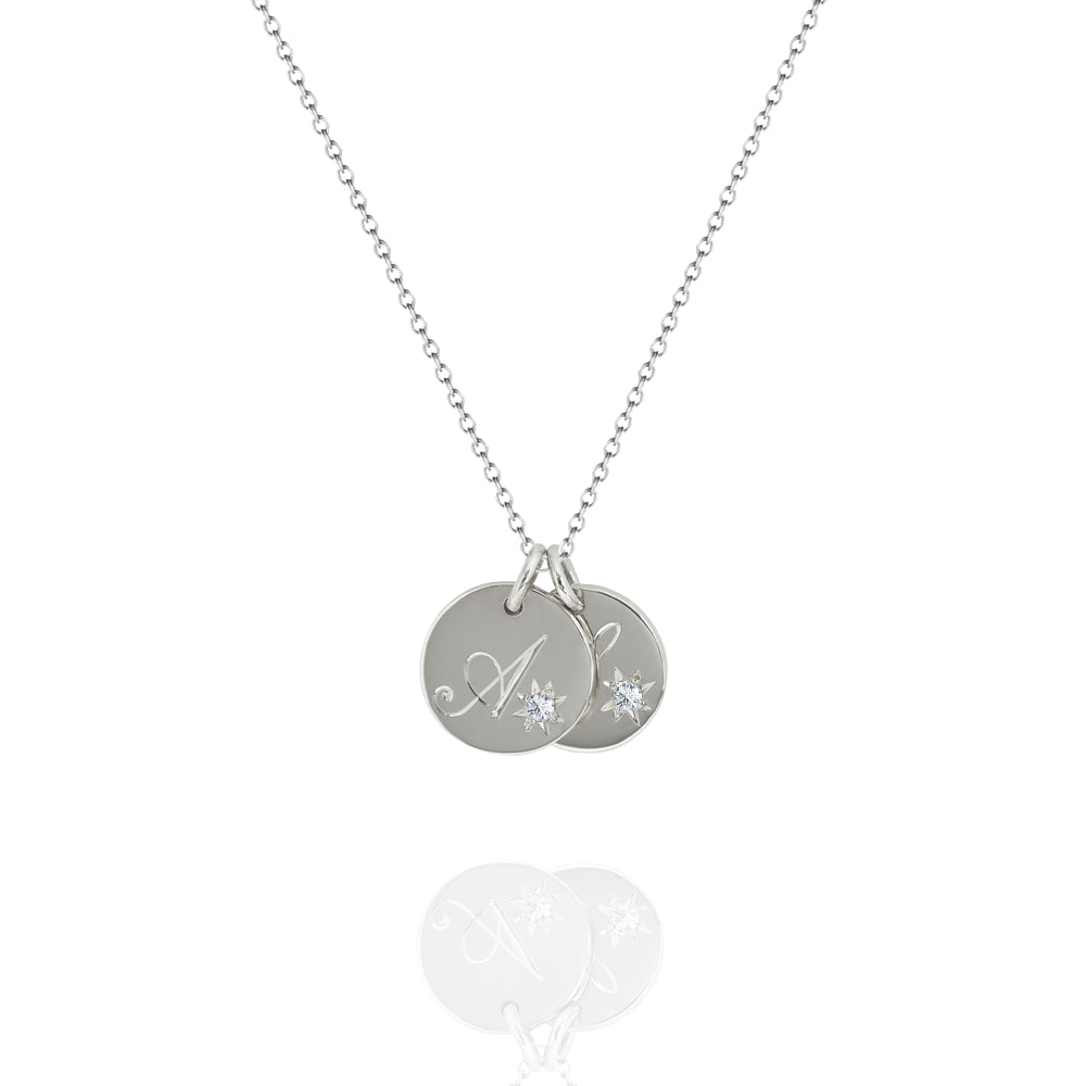 Engraved Duo Initial Necklace with Star Set Diamonds White Gold