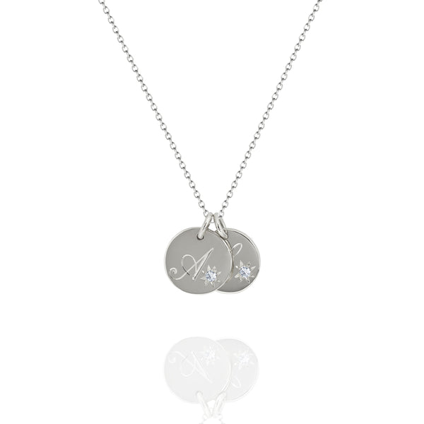 Engraved Duo Initial Necklace with Star Set Diamonds White Gold