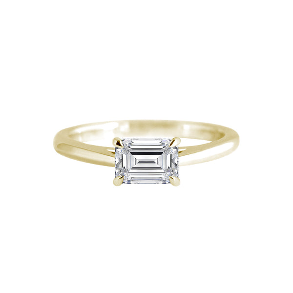 East-West Emerald Cut Diamond Engagement Ring Yellow Gold