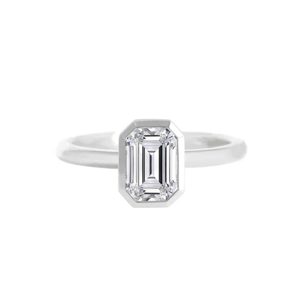 Bezel Set Emerald Cut Diamond Engagement Ring White Gold