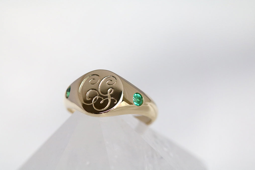 Petite Initial Signet Ring with Side Emeralds Yellow Gold