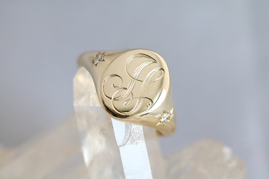 Star Set Diamond Monogram Oval Signet Ring Yellow Gold | Scarlett ...