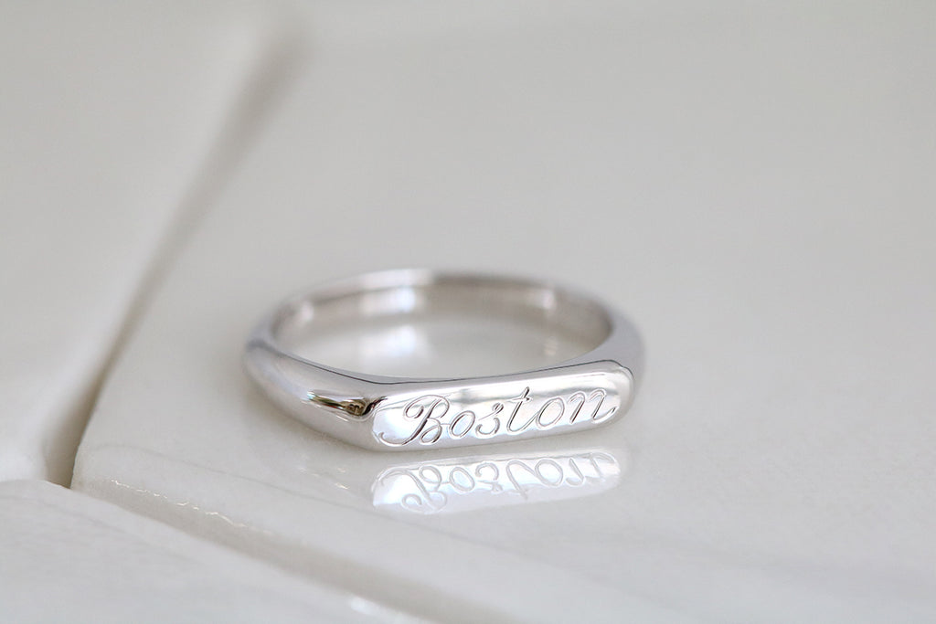 white gold engraved name signet ring