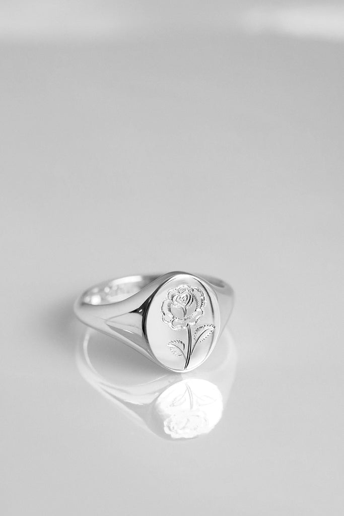Engraved Rose Signet Ring White Gold