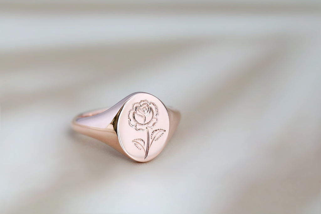 Engraved Rose Signet Ring Rose Gold