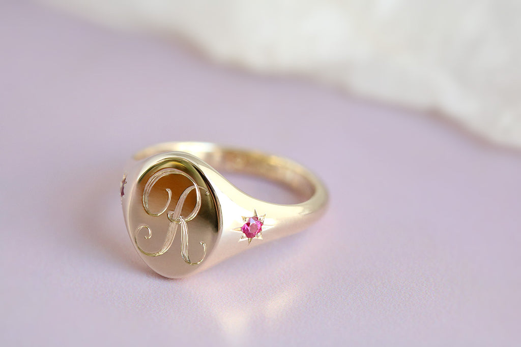 yellow gold and ruby signet ring