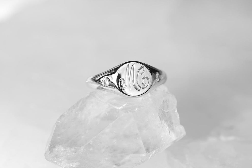 Petite Initial Signet Ring with Side Diamonds White Gold