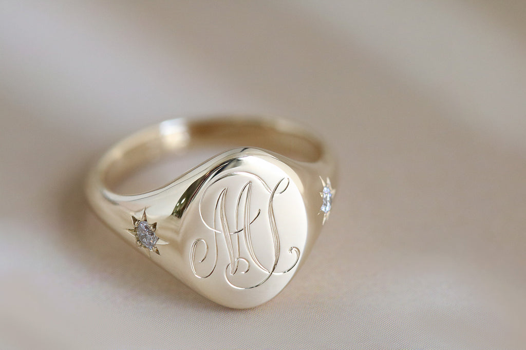 Star Set Diamond Monogram Oval Signet Ring Yellow Gold | Scarlett ...