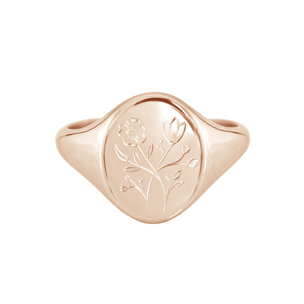 rose gold signet ring with engraved wildflowers