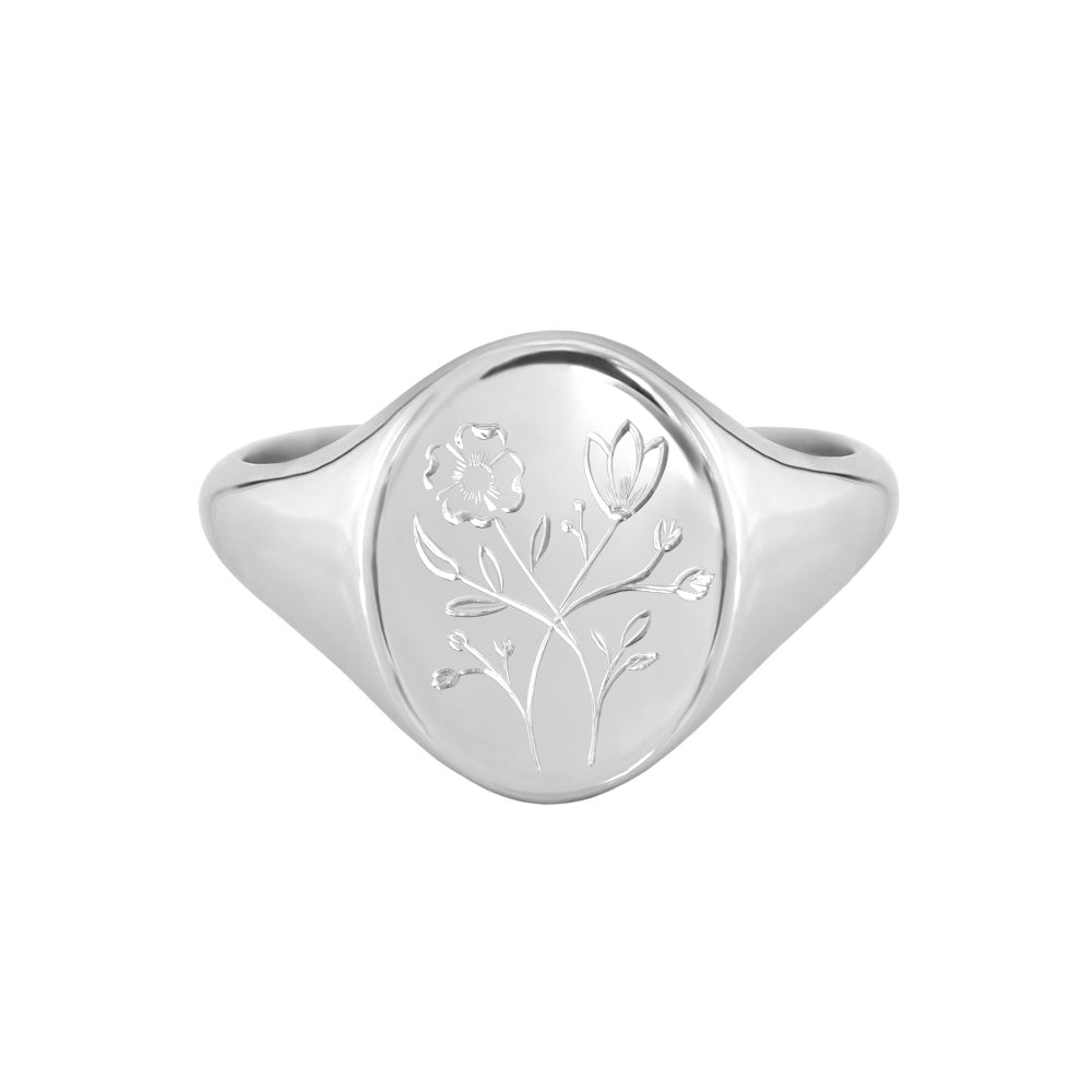 engraved wildflowers signet ring white gold