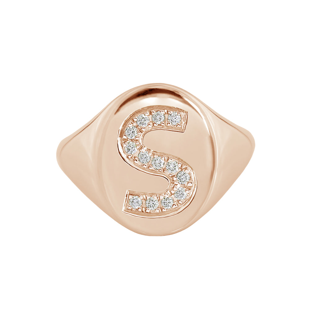 Large Diamond Initial Signet Ring Rose Gold