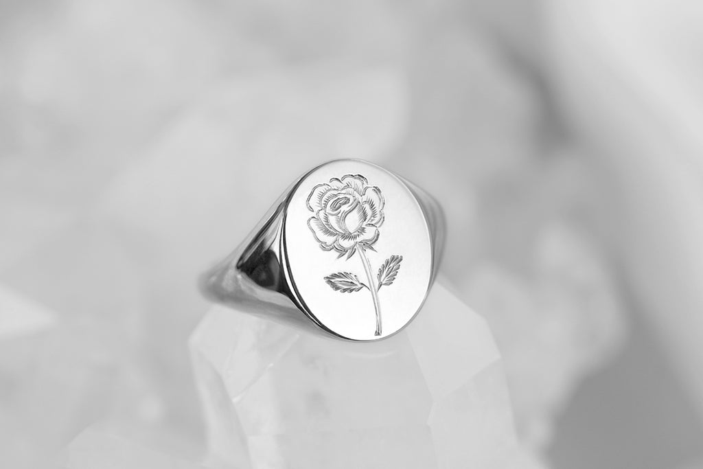 Engraved rose signet ring