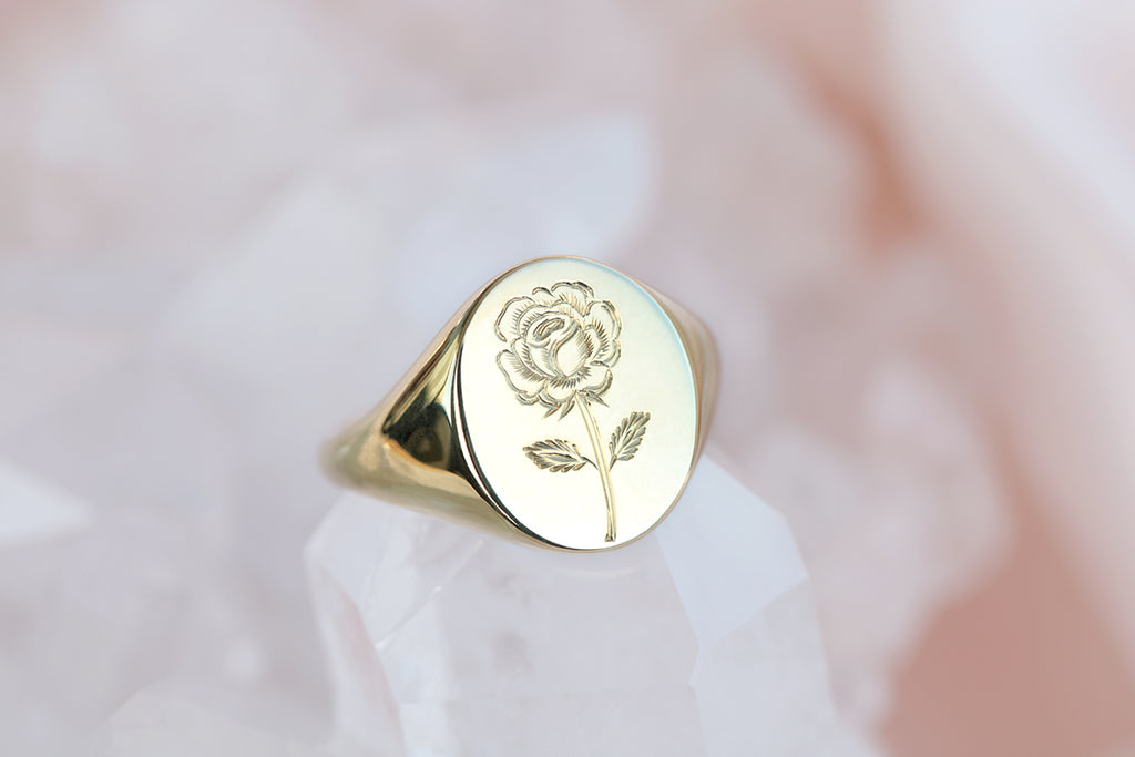 engraved rose signet ring yellow gold