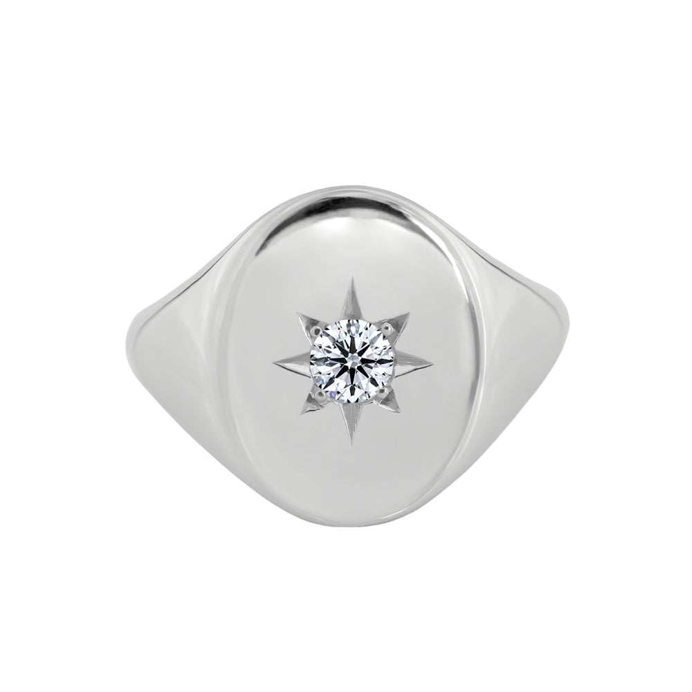 Large Star Set Diamond Signet Ring White Gold