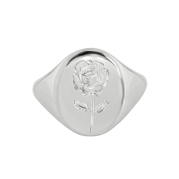 Engraved rose signet ring white gold