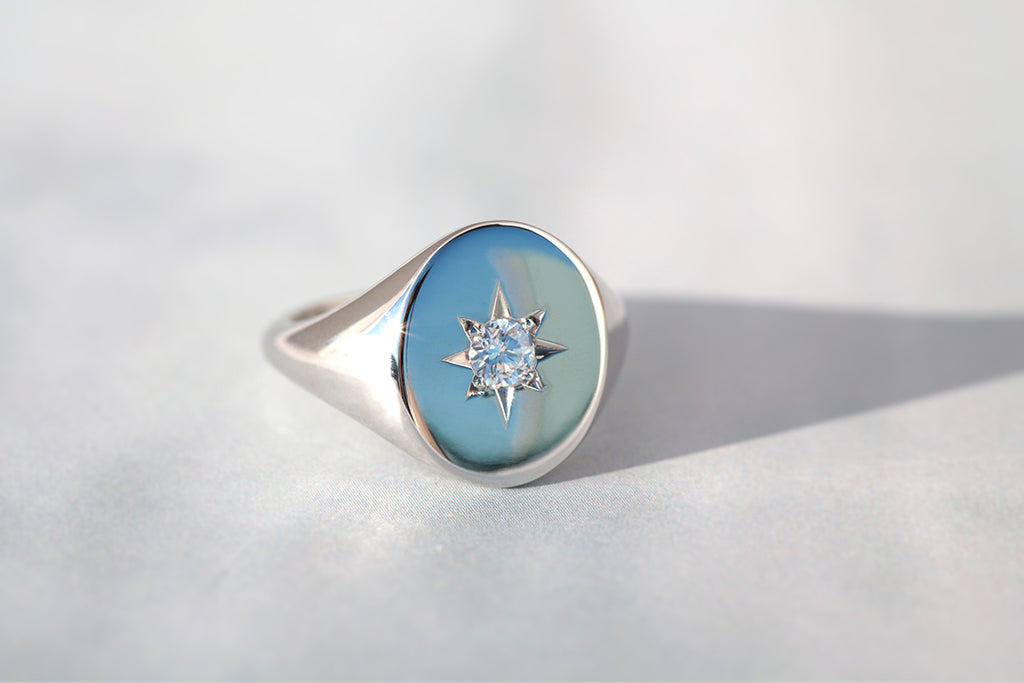 White gold signet ring with diamond